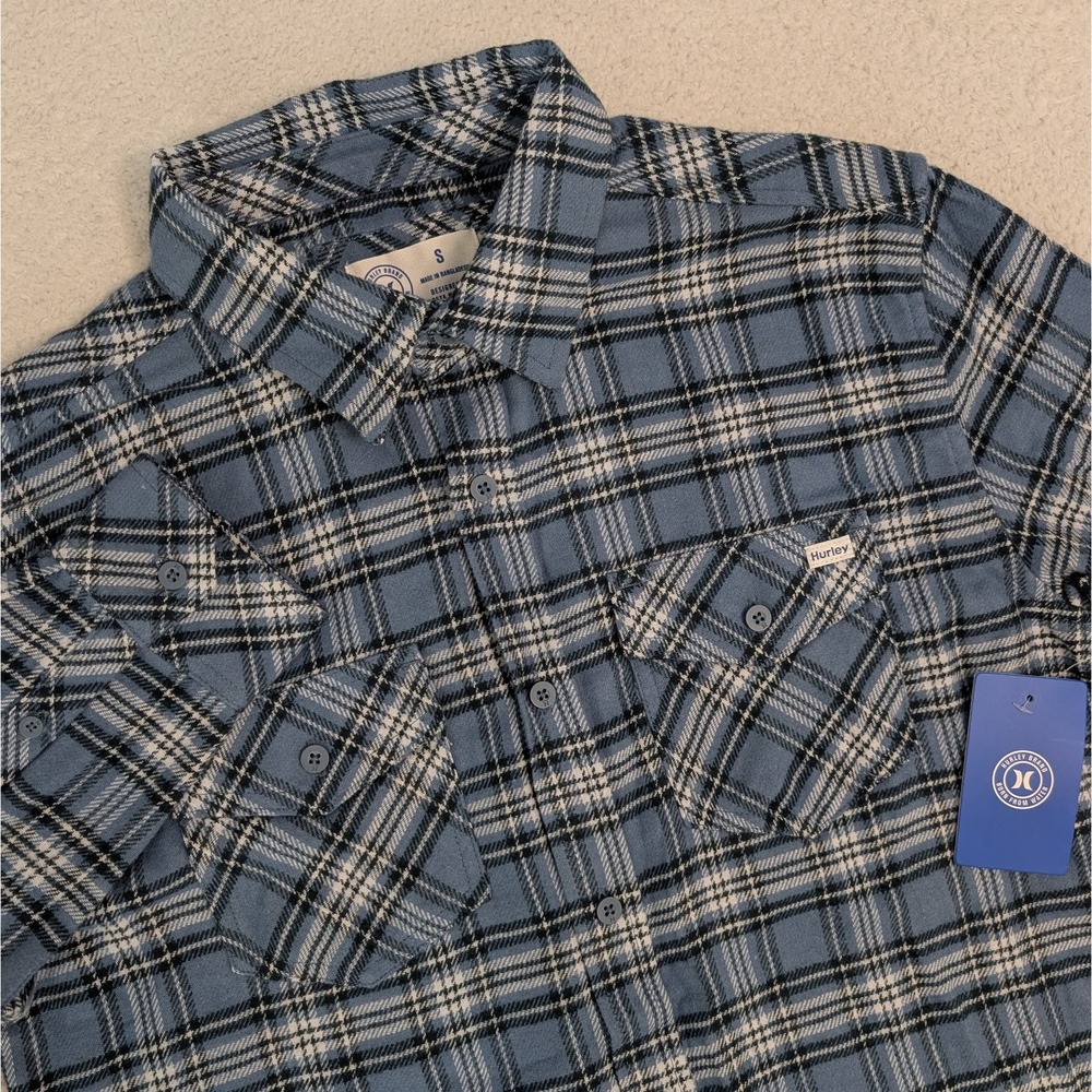 NEW Hurley Men's Sm Long Sleeve‎ Ultra Soft Brushed Flannel Button Up Shirt Blue